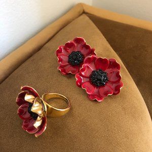 Kate Spade Gold & Red Poppy Ring + Earrings (Set)